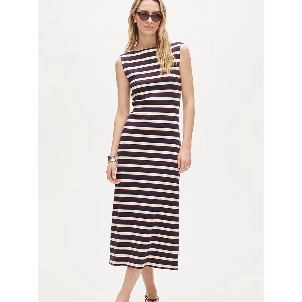 J.CREW Knit Boatneck Midi Dress In Stripe XS Stretch Cotton Ribbed NEW B62